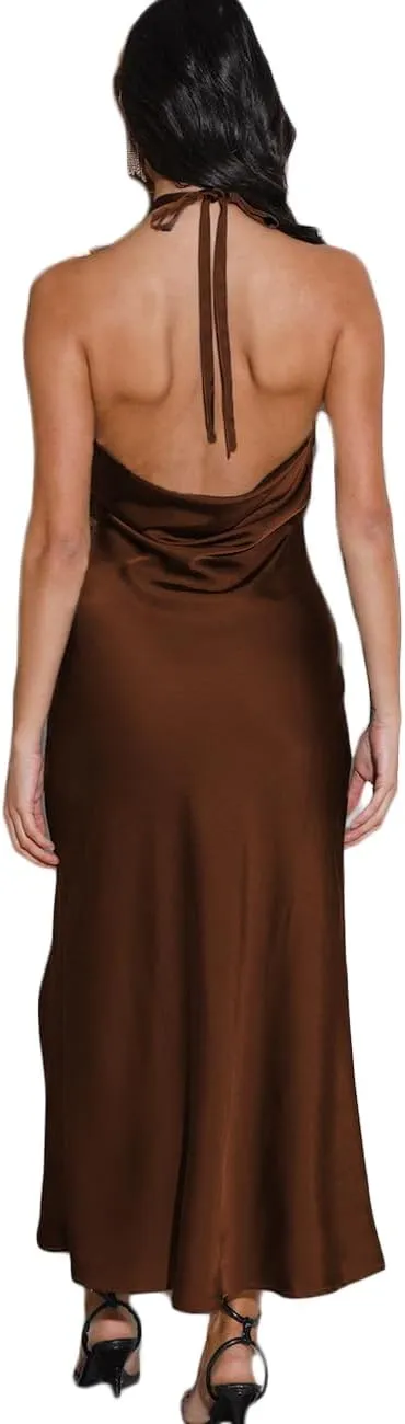 2025 Summer Satin Halter Neck Backless Slit Midi Dresses Elegant Cowl Back Ruched Wedding Guest Maxi Dress for Women