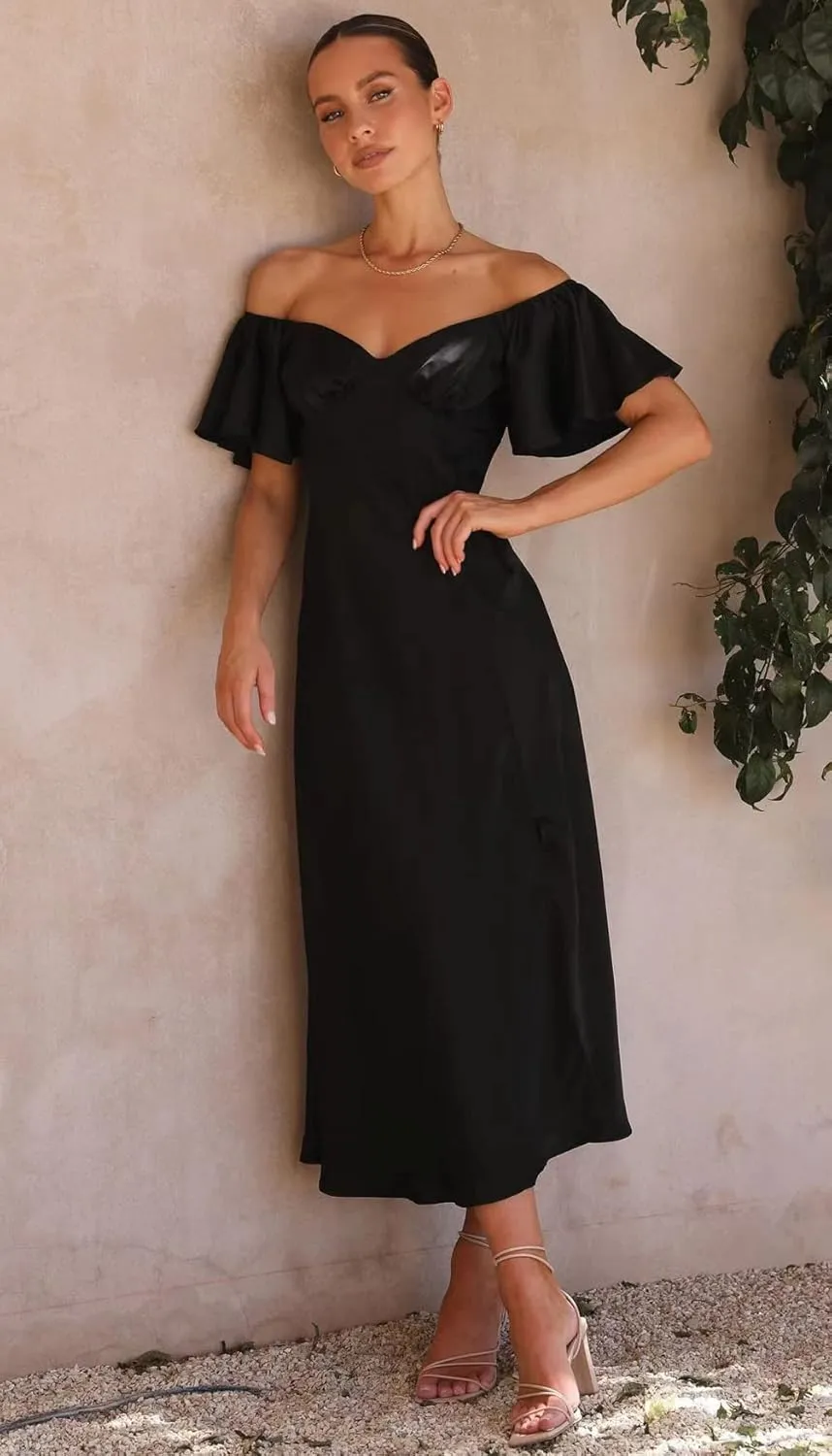 2025 Summer Women's Satin Off Shoulder Formal Dress Wedding Guest Elegant Butterfly Sleeve Split Cocktail Prom Midi Dresses
