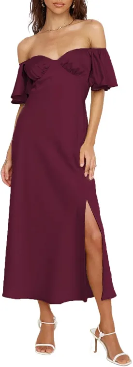 2025 Summer Women's Satin Off Shoulder Formal Dress Wedding Guest Elegant Butterfly Sleeve Split Cocktail Prom Midi Dresses