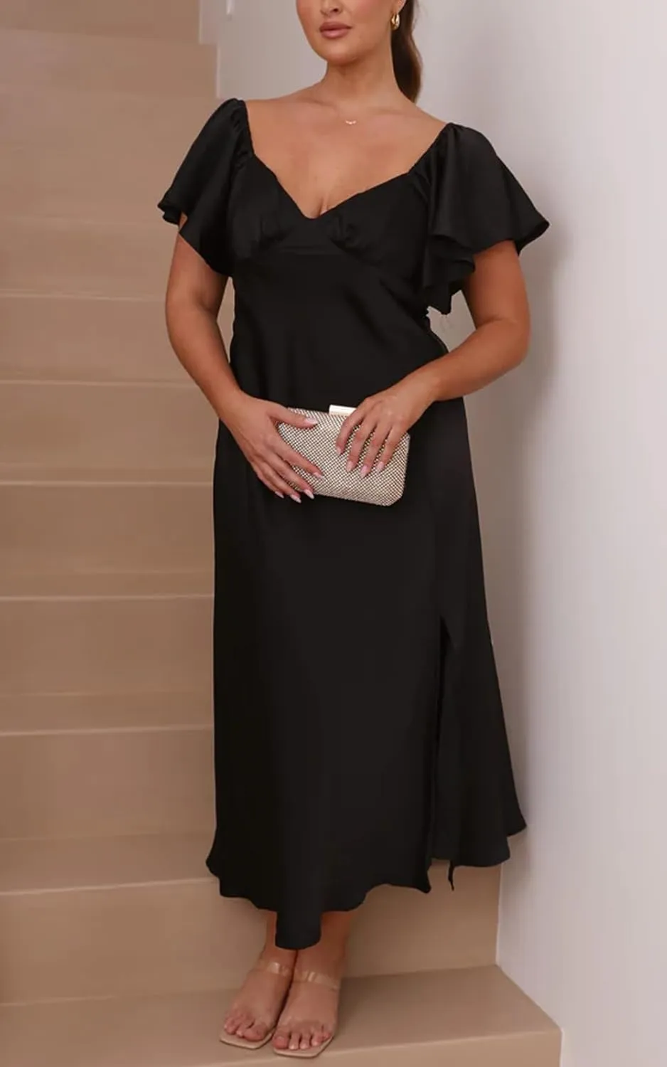 2025 Summer Women's Satin Off Shoulder Formal Dress Wedding Guest Elegant Butterfly Sleeve Split Cocktail Prom Midi Dresses