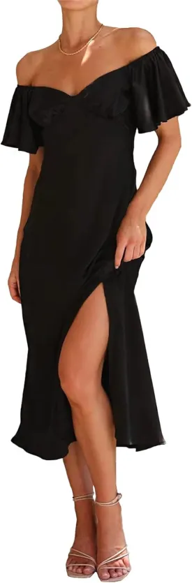 2025 Summer Women's Satin Off Shoulder Formal Dress Wedding Guest Elegant Butterfly Sleeve Split Cocktail Prom Midi Dresses