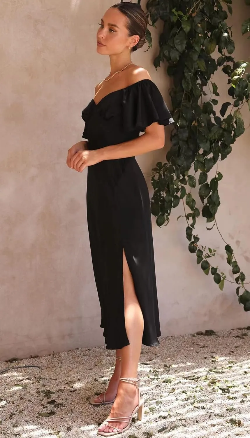 2025 Summer Women's Satin Off Shoulder Formal Dress Wedding Guest Elegant Butterfly Sleeve Split Cocktail Prom Midi Dresses