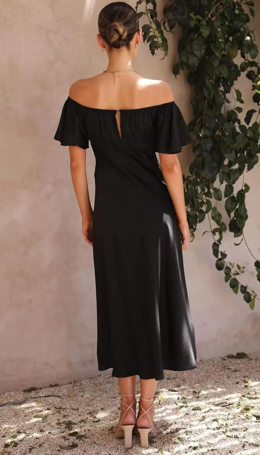 2025 Summer Women's Satin Off Shoulder Formal Dress Wedding Guest Elegant Butterfly Sleeve Split Cocktail Prom Midi Dresses