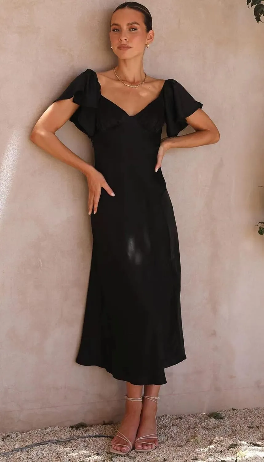 2025 Summer Women's Satin Off Shoulder Formal Dress Wedding Guest Elegant Butterfly Sleeve Split Cocktail Prom Midi Dresses