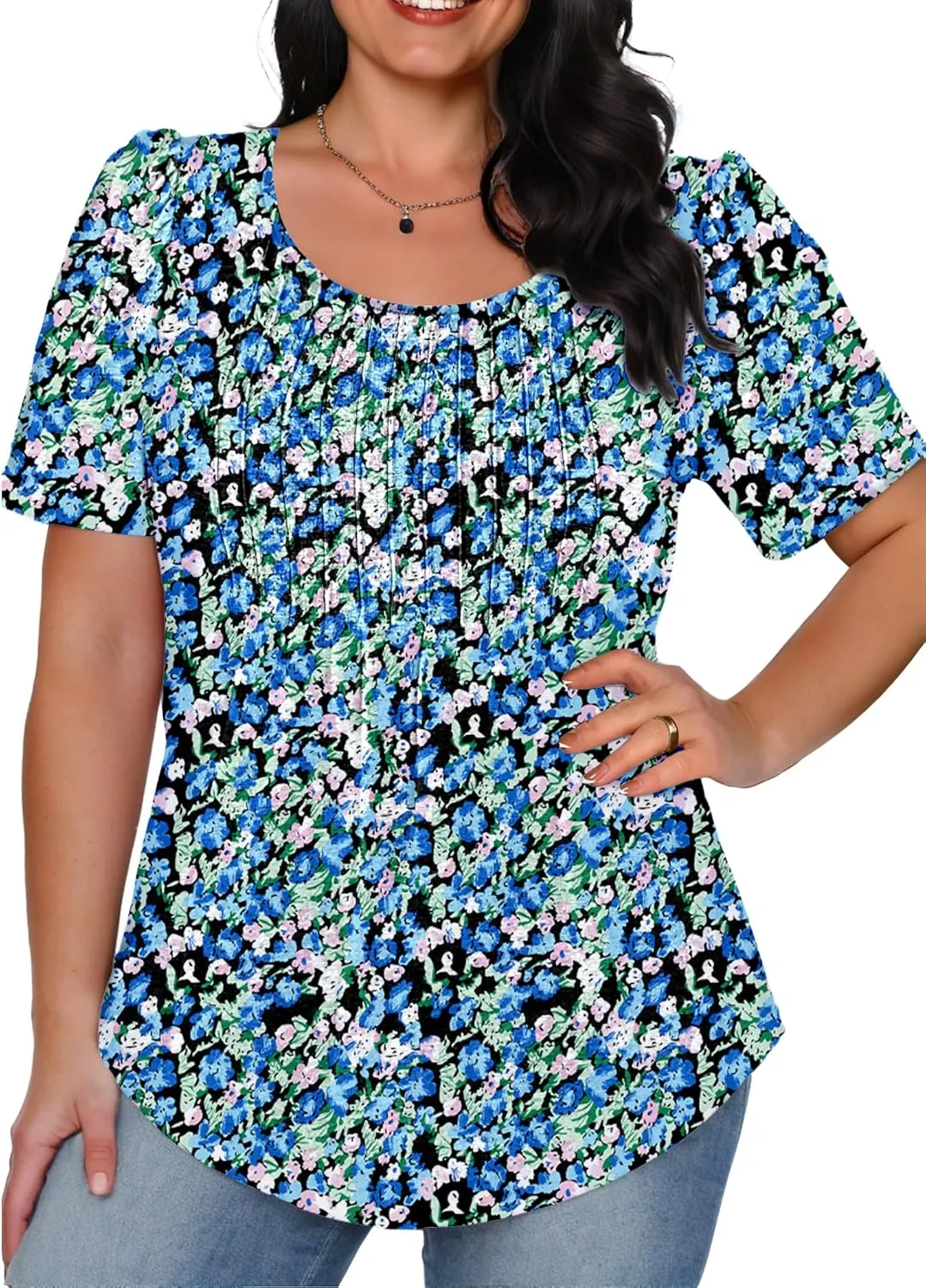 AURUZA Womens T Shirts, Short Sleeve Tops Dressy Casual Pleated Summer Shirts Scoop Neck Tshirts Tunic Tops Fashion