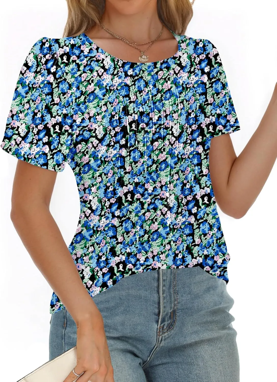 AURUZA Womens T Shirts, Short Sleeve Tops Dressy Casual Pleated Summer Shirts Scoop Neck Tshirts Tunic Tops Fashion