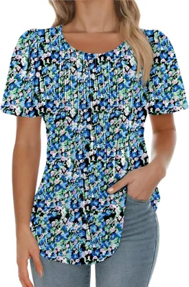 AURUZA Womens T Shirts, Short Sleeve Tops Dressy Casual Pleated Summer Shirts Scoop Neck Tshirts Tunic Tops Fashion