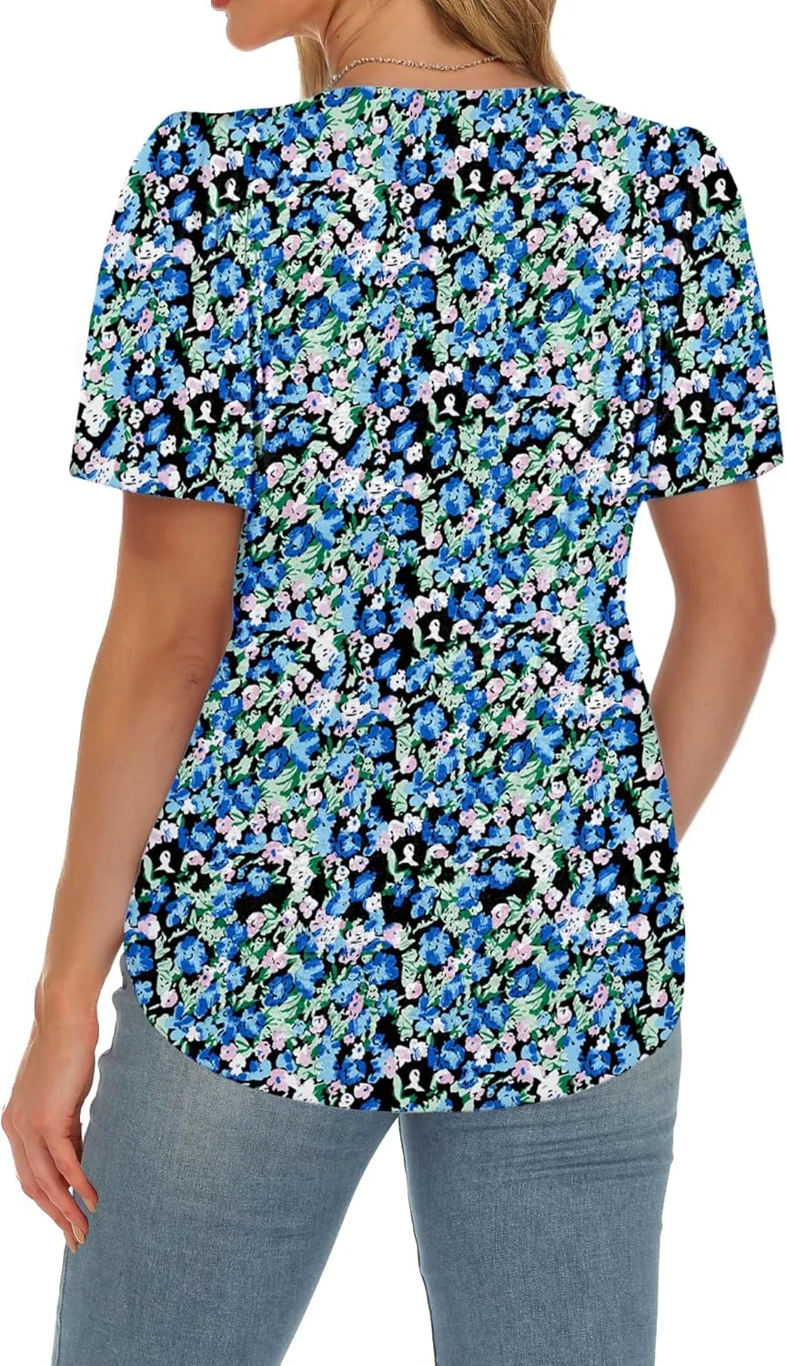 AURUZA Womens T Shirts, Short Sleeve Tops Dressy Casual Pleated Summer Shirts Scoop Neck Tshirts Tunic Tops Fashion