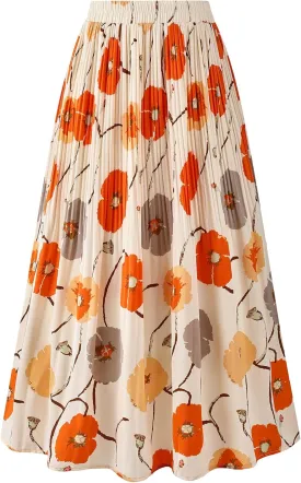 Basoteeuo Womens Skirt Leopard Print Midi Long Shirring Pleated Skirts High Waisted A Line Skirts