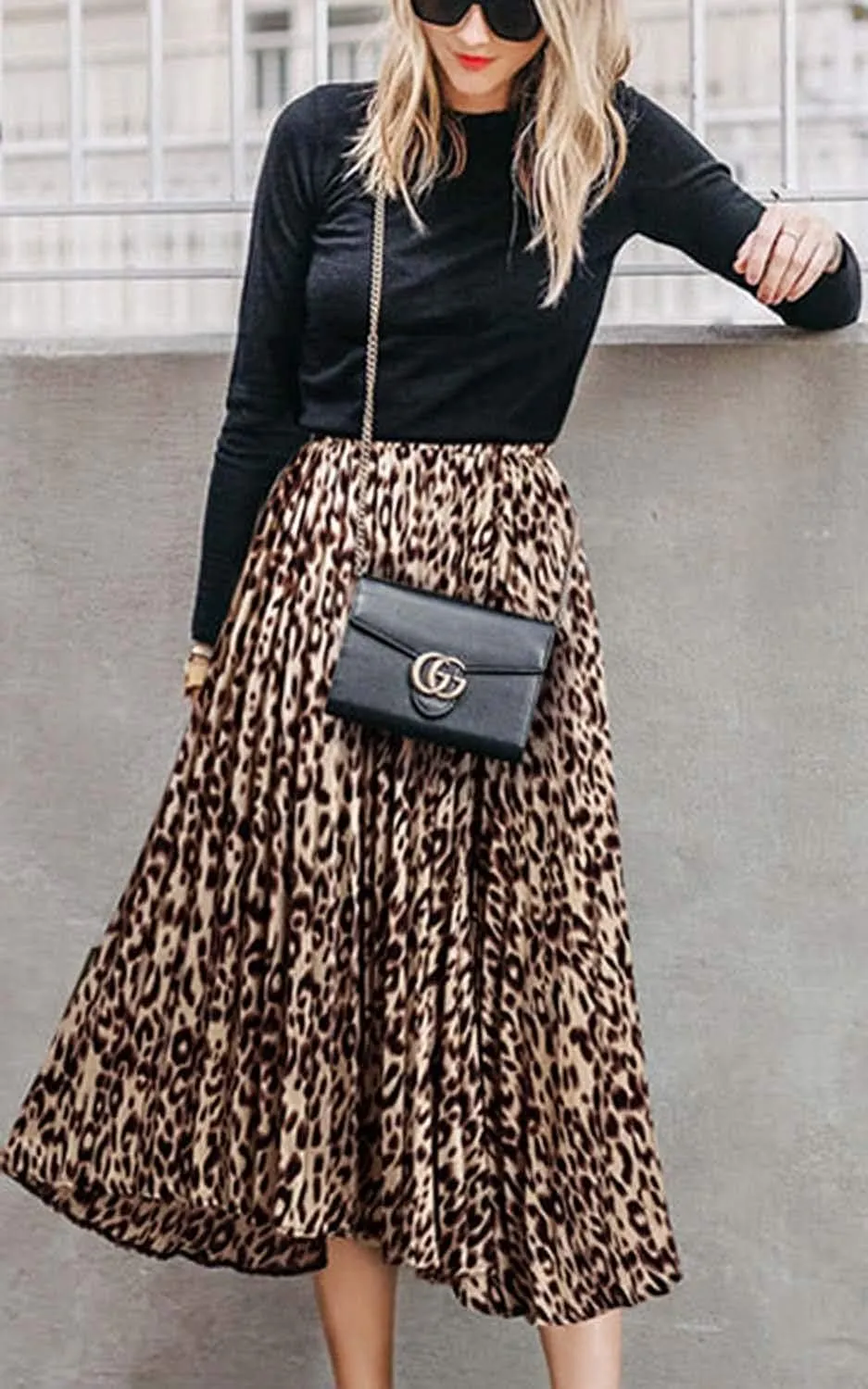 Basoteeuo Womens Skirt Leopard Print Midi Long Shirring Pleated Skirts High Waisted A Line Skirts