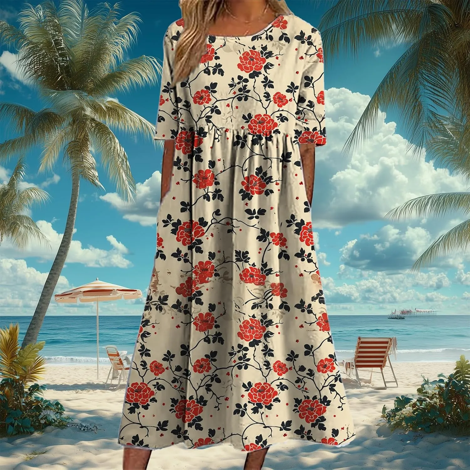 Bengbobar Women's Boho Floral Maxi Dress Casual Vacation Flowy Cotton Linen Short Sleeve Summer Tshirt Dresses with Pockets