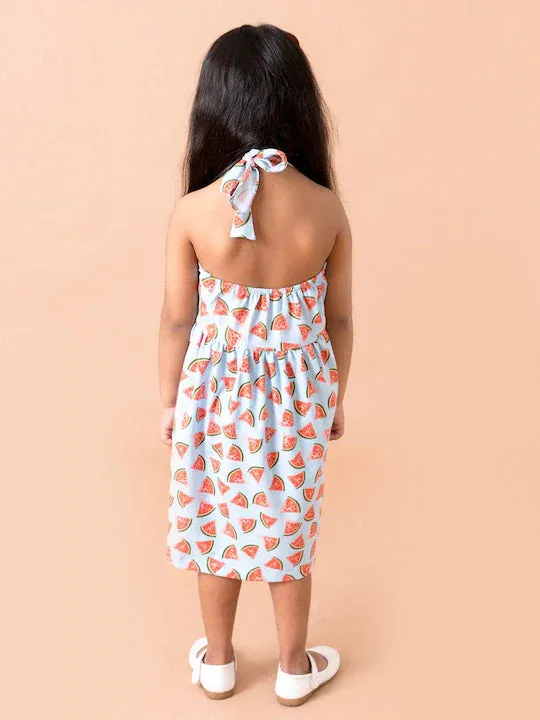 Blue Red Halter Neck Midi Cotton Dress