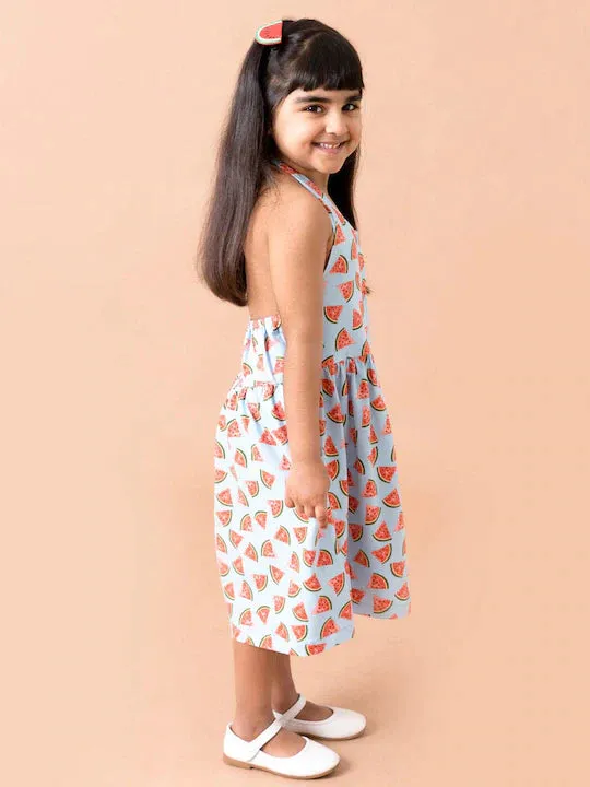 Blue Red Halter Neck Midi Cotton Dress