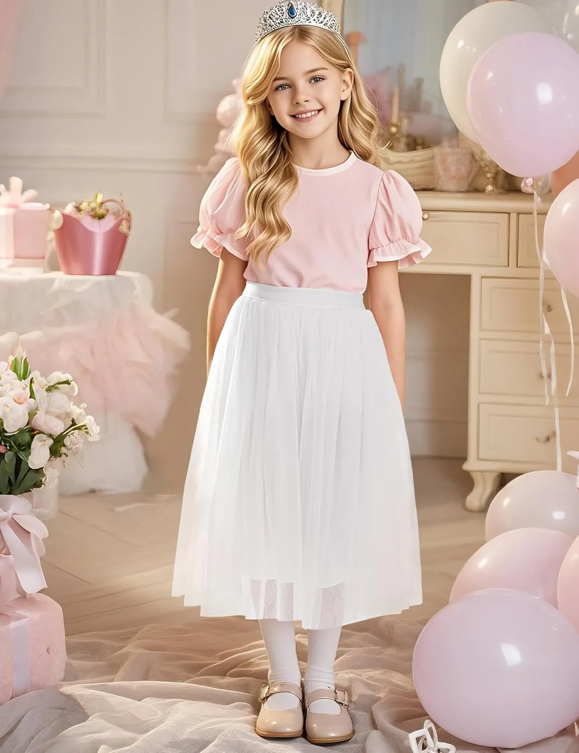 BOOPH Girls Tulle Skirts A-line Mesh Skirt Long Tutu Skirts Dress for Toddler Girls