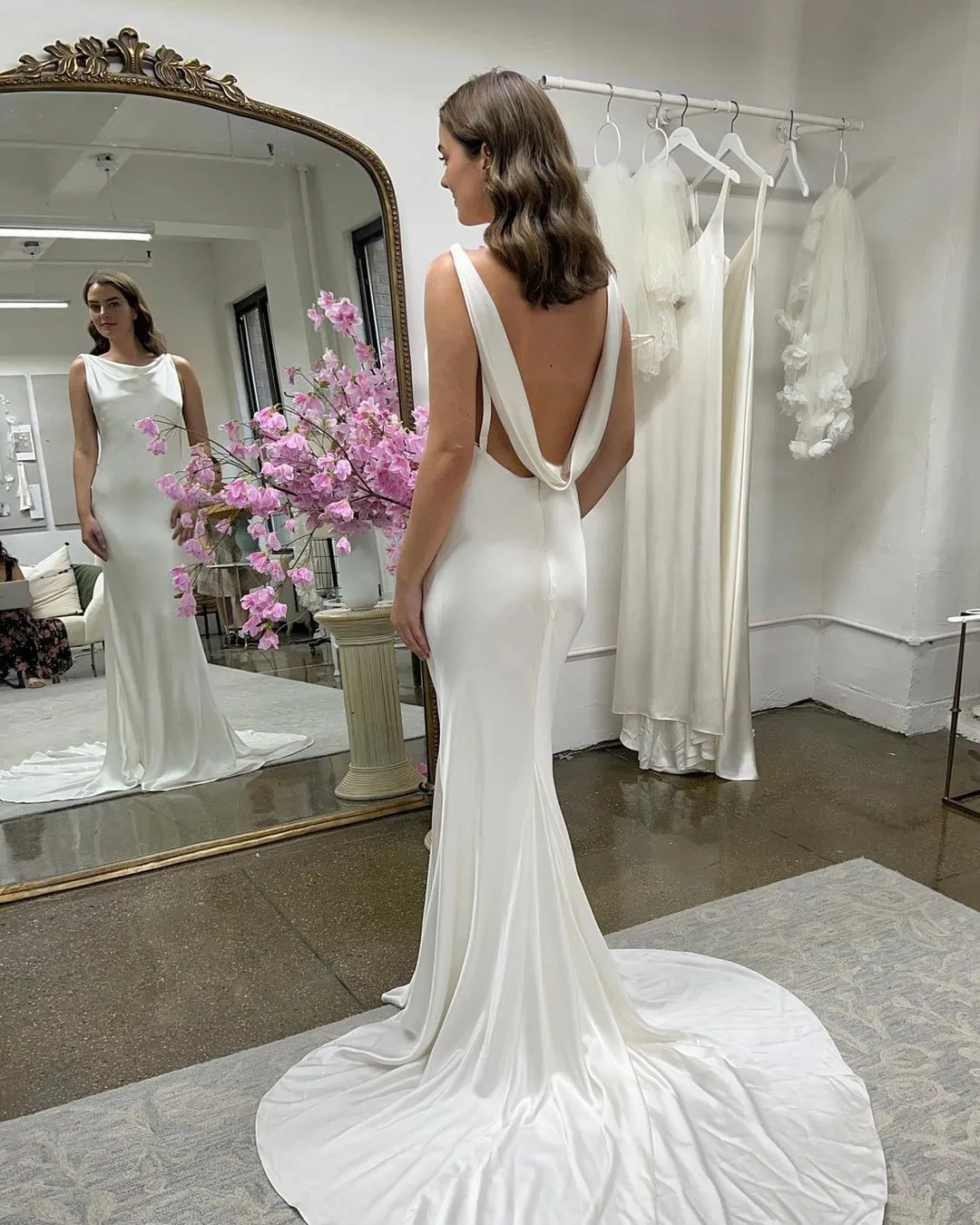 Charming Mermaid Cowl Neck Silk Satin Long Wedding Dresses VK23052007