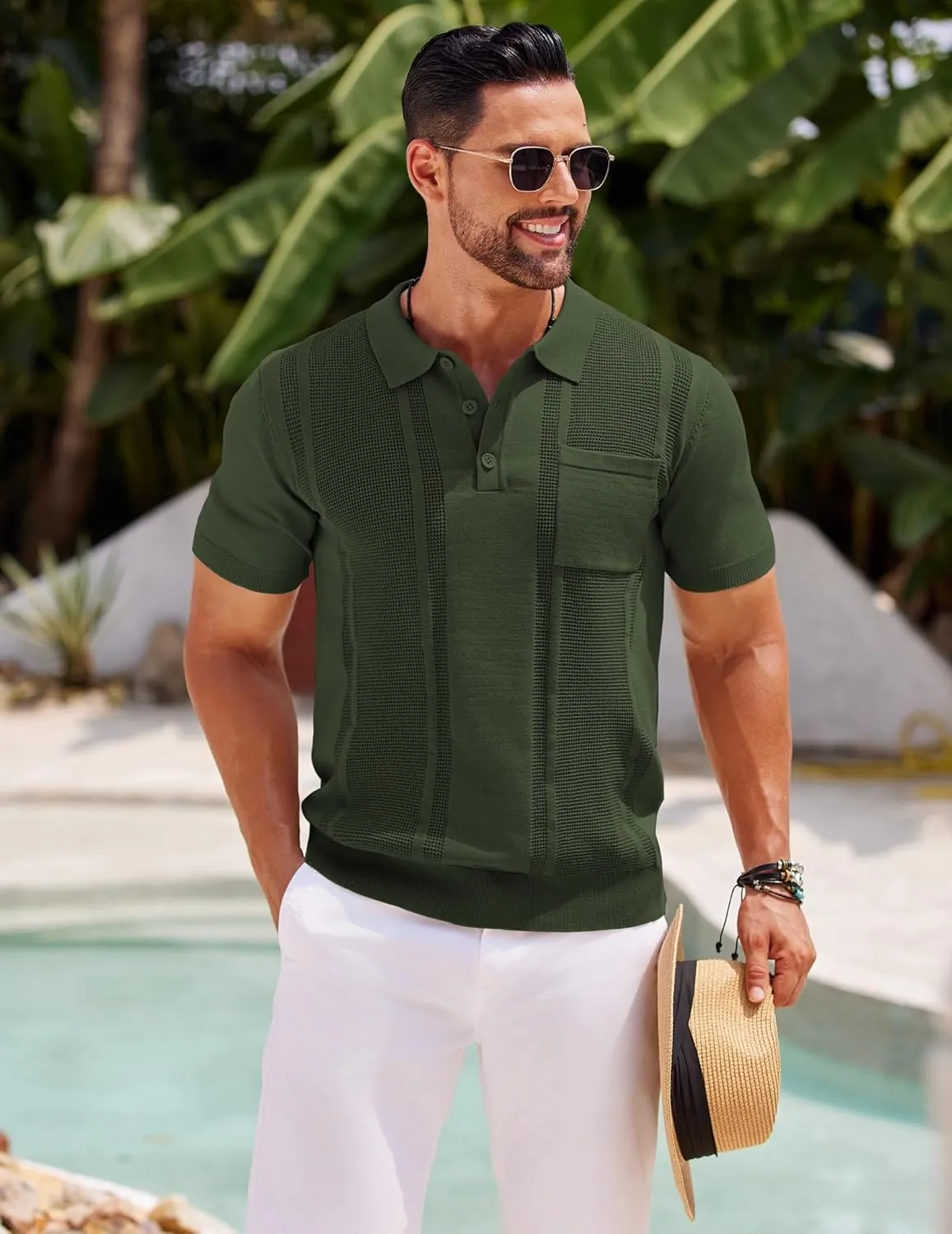 COOFANDY Knit Polo Shirts for Men Short Sleeve Textured Polo Shirt Slim Fit Summer Collared T Shirt with Pocket