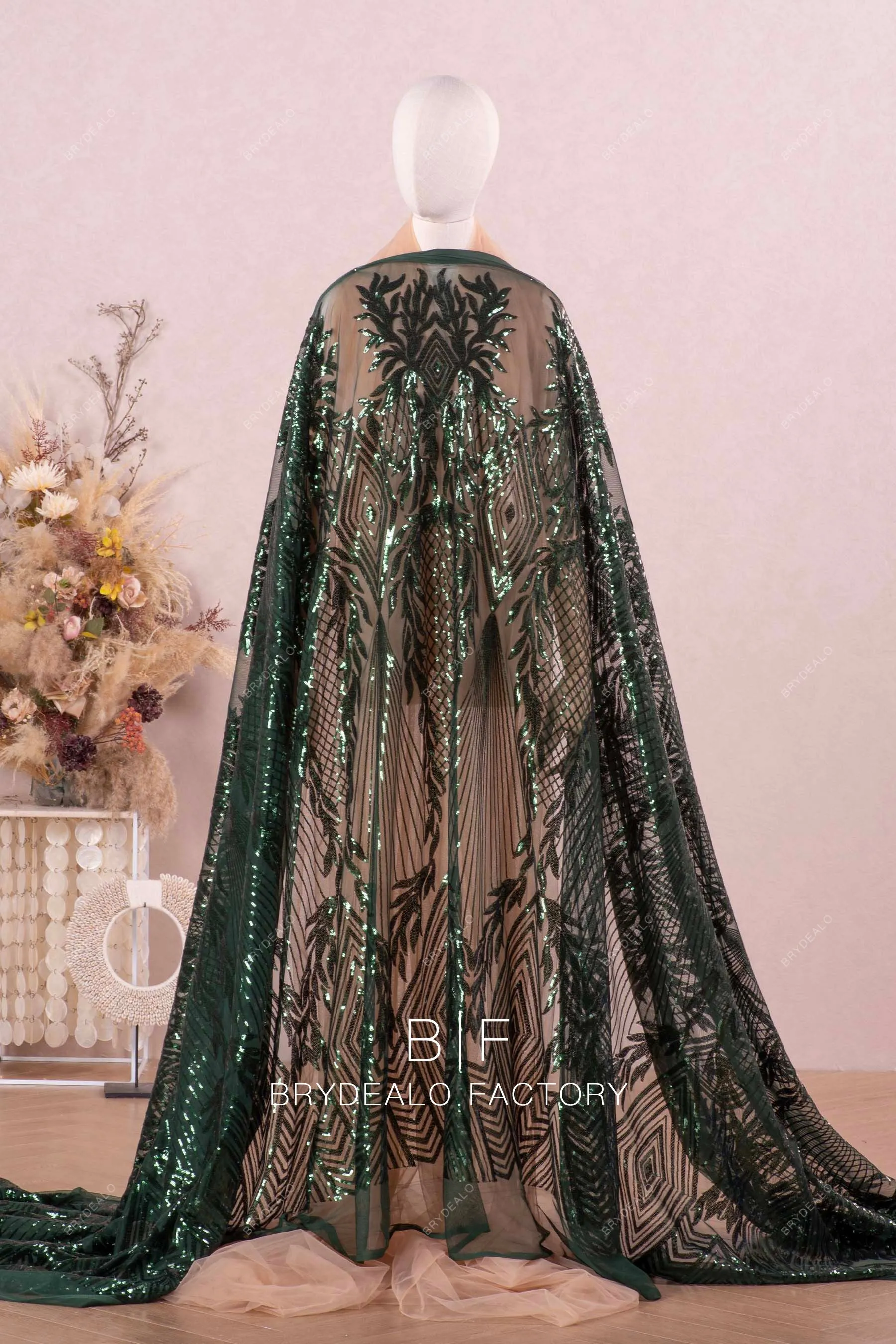 Dark Green Unique Geometry Pattern Sparkly Sequin Fabric