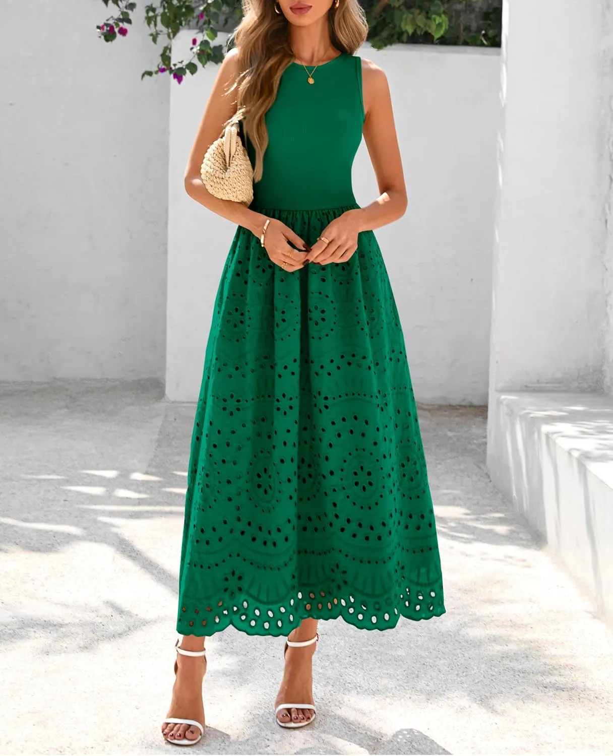 dowerme Women Summer Dresses 2025 Casual Sleeveless Crewneck A-Line Boho Lace Eyelet Cotton Tank Maxi Dress with Pockets