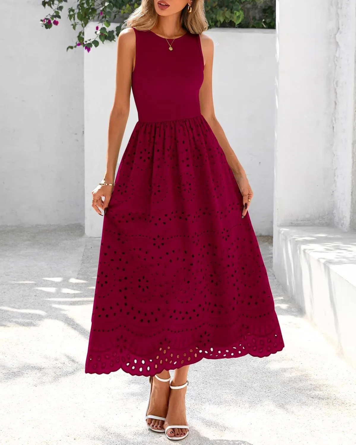 dowerme Women Summer Dresses 2025 Casual Sleeveless Crewneck A-Line Boho Lace Eyelet Cotton Tank Maxi Dress with Pockets
