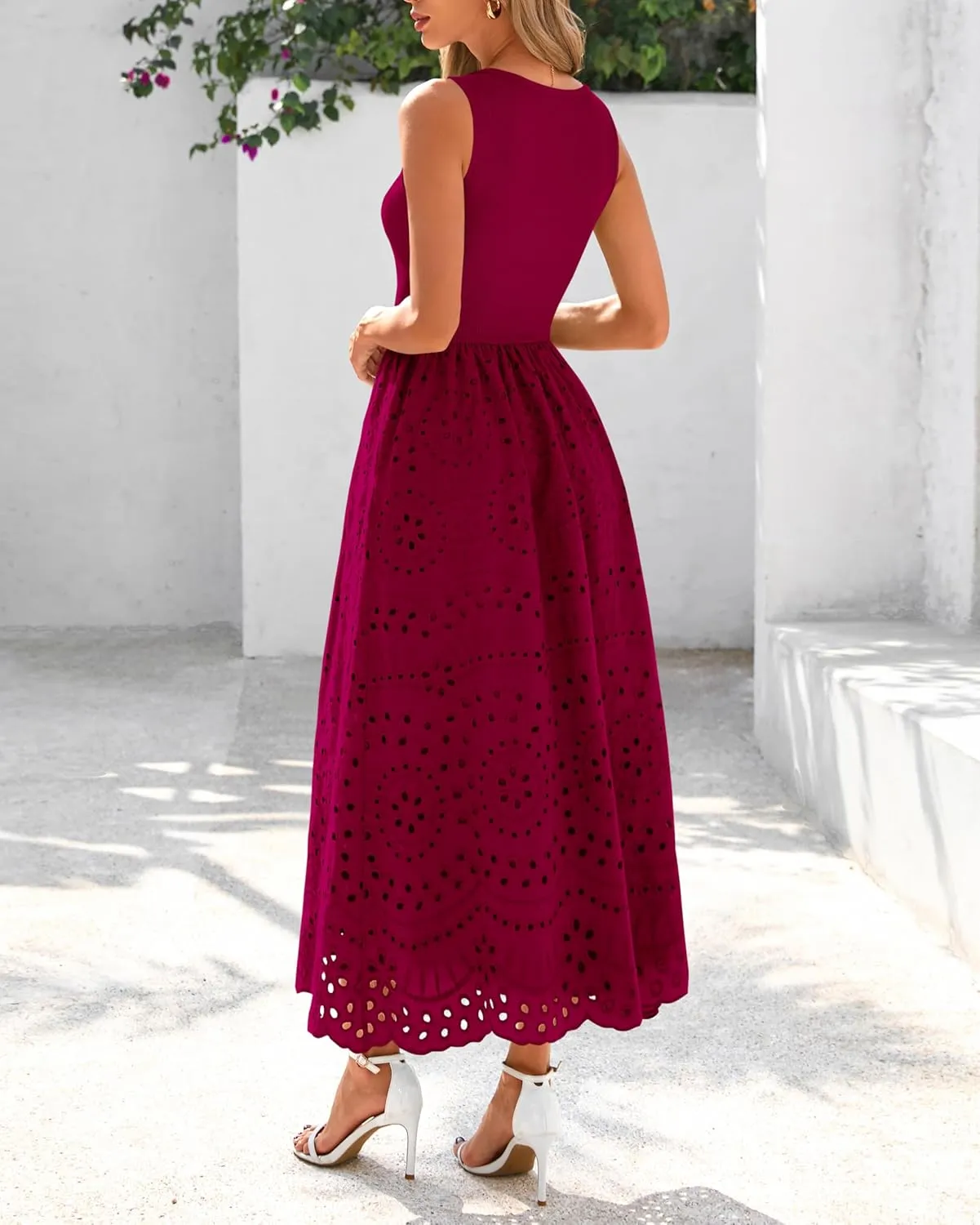 dowerme Women Summer Dresses 2025 Casual Sleeveless Crewneck A-Line Boho Lace Eyelet Cotton Tank Maxi Dress with Pockets