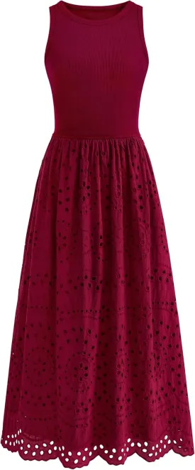 dowerme Women Summer Dresses 2025 Casual Sleeveless Crewneck A-Line Boho Lace Eyelet Cotton Tank Maxi Dress with Pockets