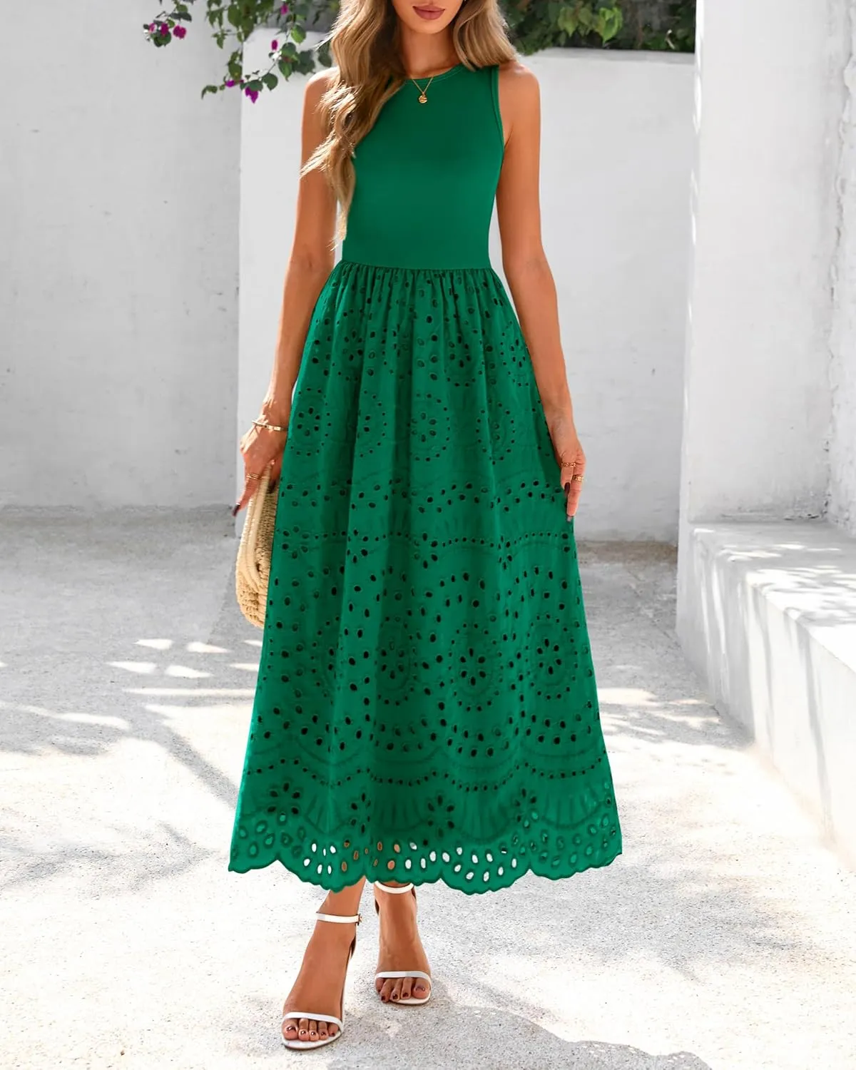 dowerme Women Summer Dresses 2025 Casual Sleeveless Crewneck A-Line Boho Lace Eyelet Cotton Tank Maxi Dress with Pockets