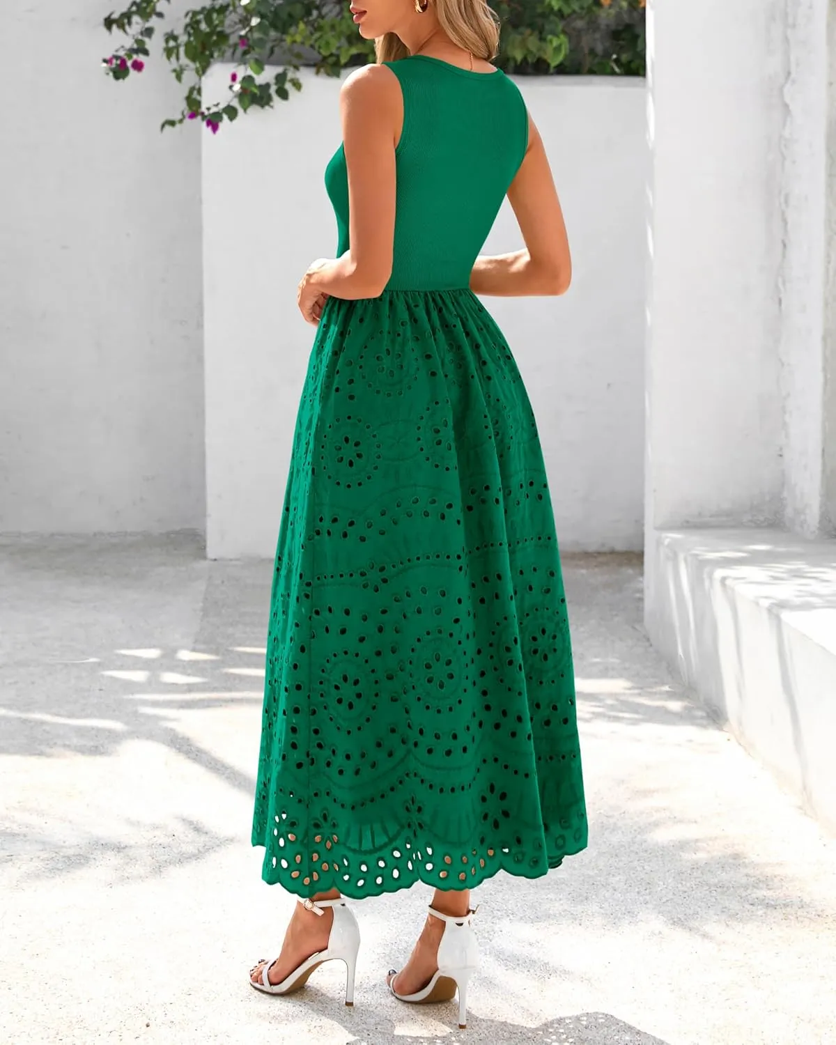 dowerme Women Summer Dresses 2025 Casual Sleeveless Crewneck A-Line Boho Lace Eyelet Cotton Tank Maxi Dress with Pockets