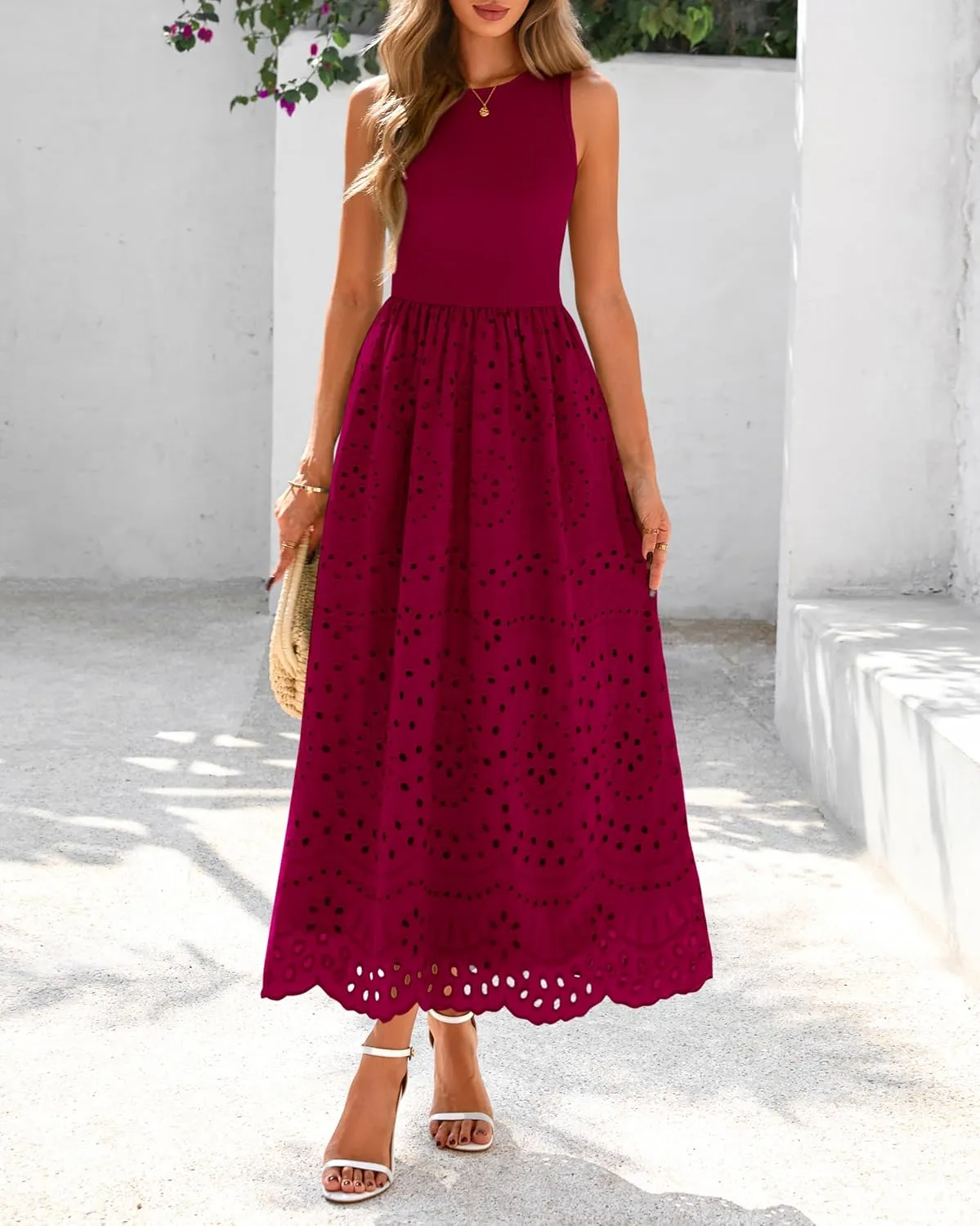 dowerme Women Summer Dresses 2025 Casual Sleeveless Crewneck A-Line Boho Lace Eyelet Cotton Tank Maxi Dress with Pockets