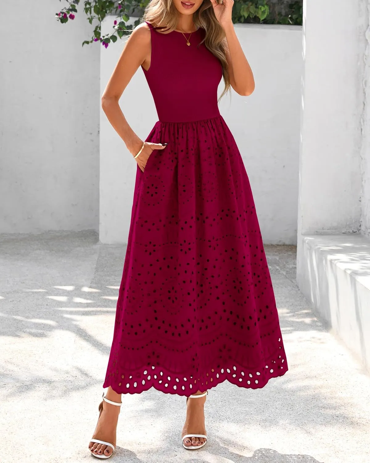 dowerme Women Summer Dresses 2025 Casual Sleeveless Crewneck A-Line Boho Lace Eyelet Cotton Tank Maxi Dress with Pockets