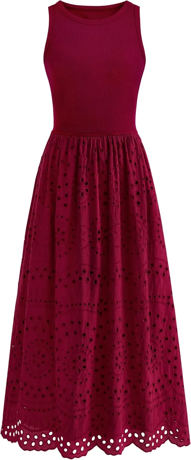 dowerme Women Summer Dresses 2025 Casual Sleeveless Crewneck A-Line Boho Lace Eyelet Cotton Tank Maxi Dress with Pockets
