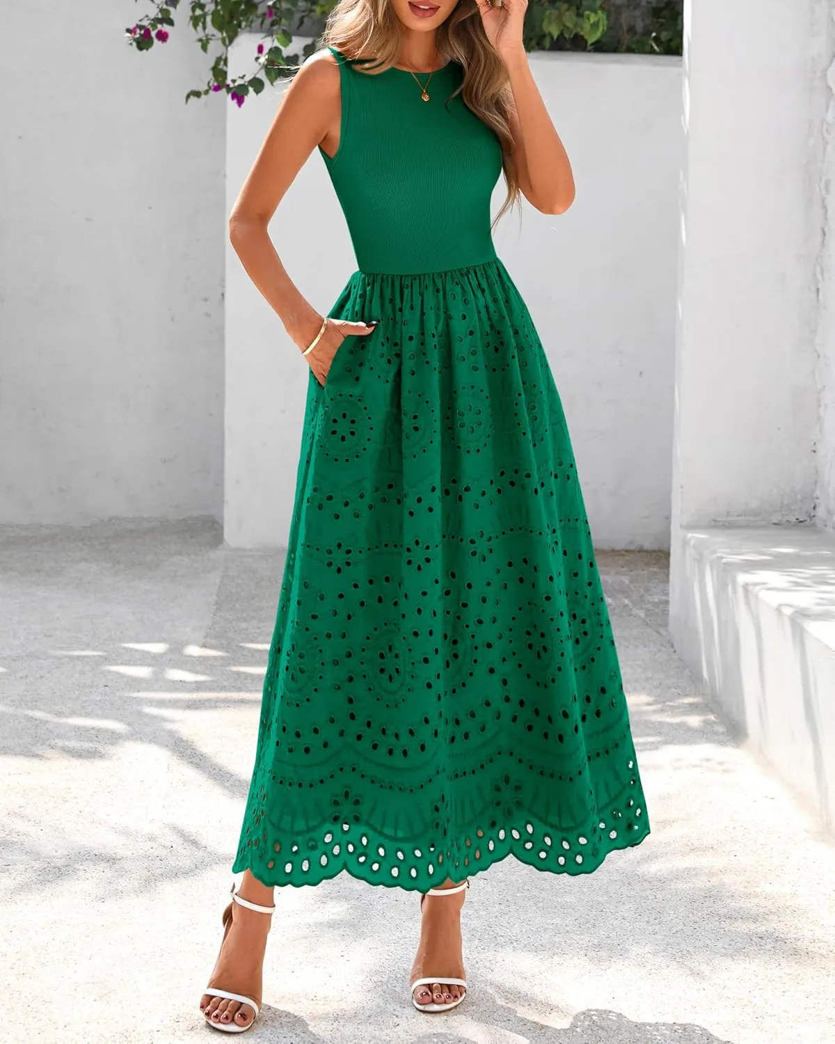 dowerme Women Summer Dresses 2025 Casual Sleeveless Crewneck A-Line Boho Lace Eyelet Cotton Tank Maxi Dress with Pockets