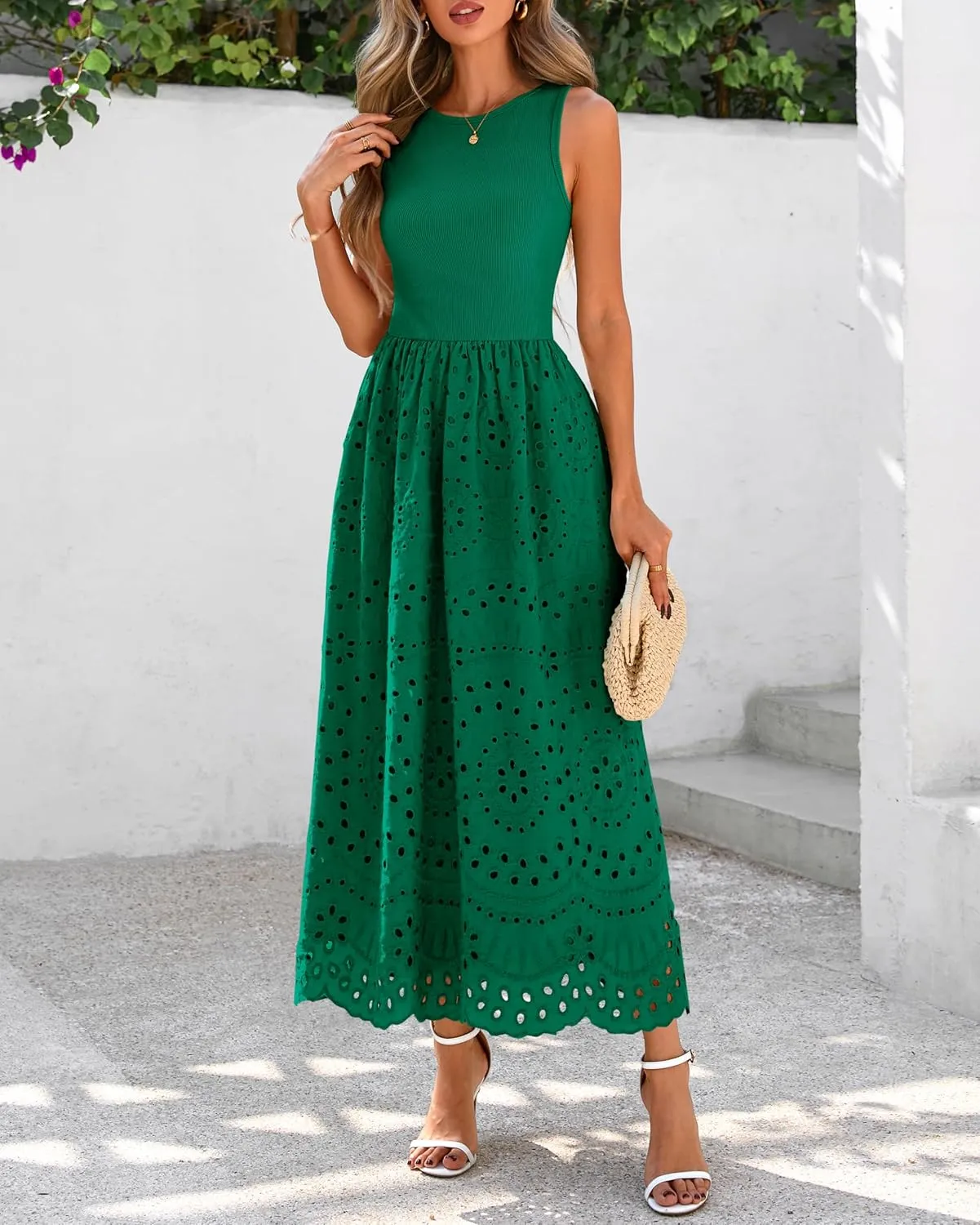 dowerme Women Summer Dresses 2025 Casual Sleeveless Crewneck A-Line Boho Lace Eyelet Cotton Tank Maxi Dress with Pockets