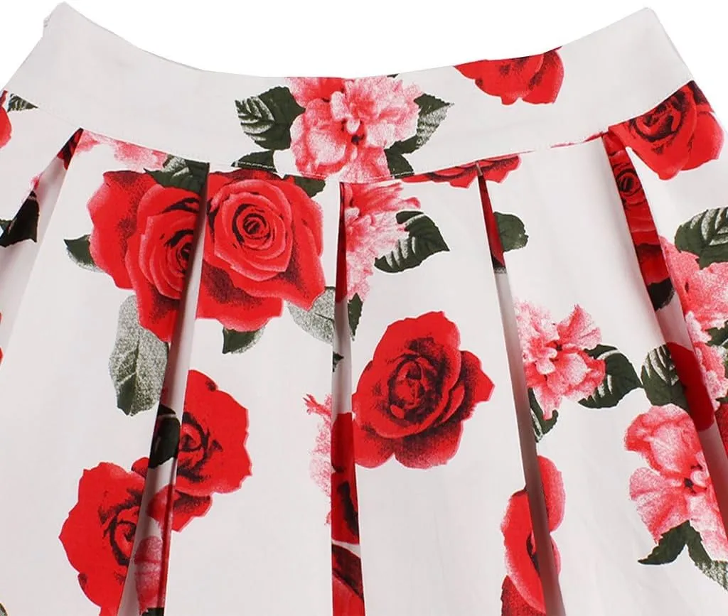 Dressever Women's Vintage A-line Printed Pleated Flared Midi Skirts