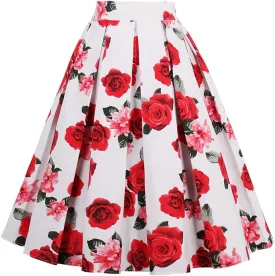 Dressever Women's Vintage A-line Printed Pleated Flared Midi Skirts