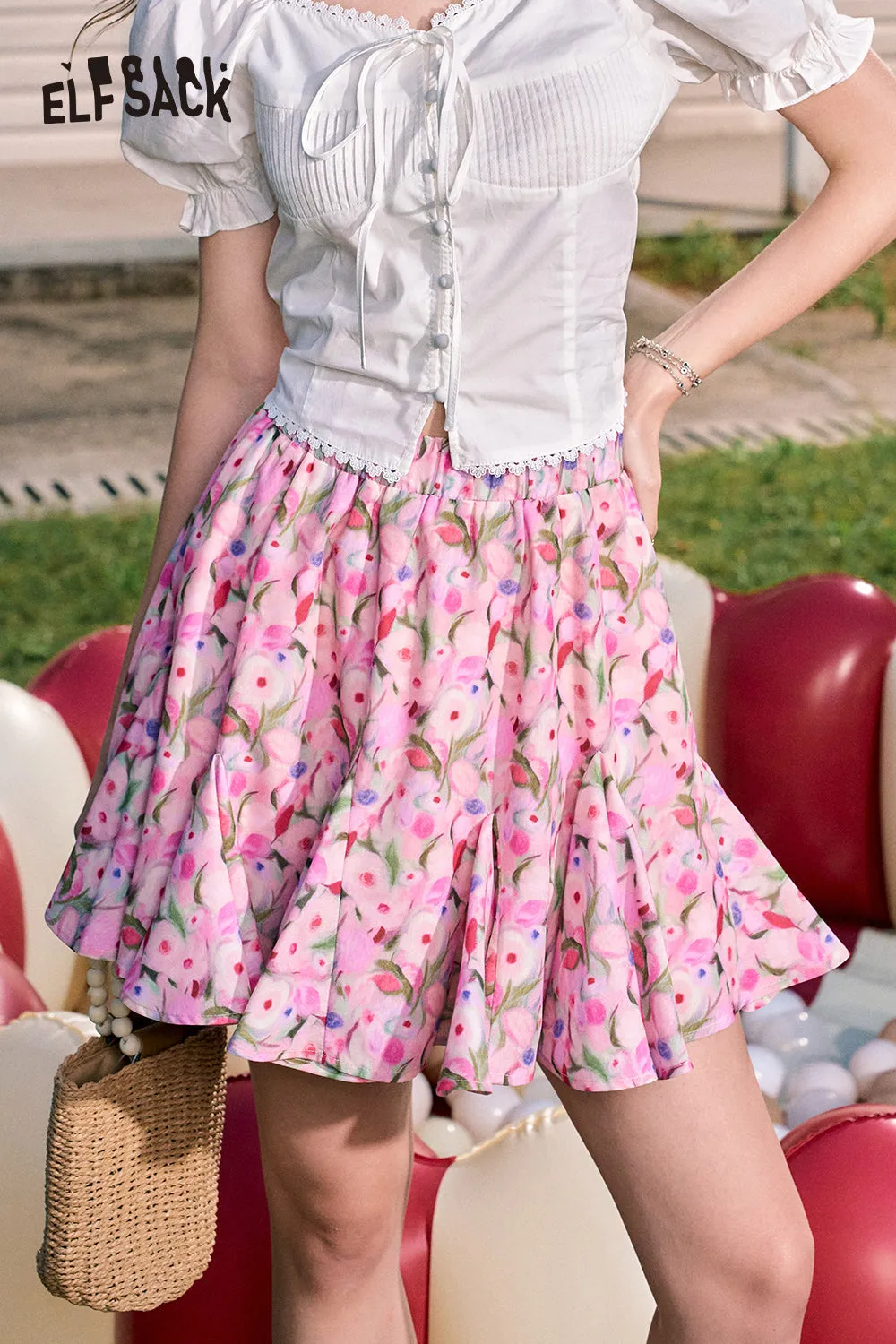 ELFSACK 2024 Summer New Arrivals Oil painting flowers sweet temperament high waist A-line skirt for women
