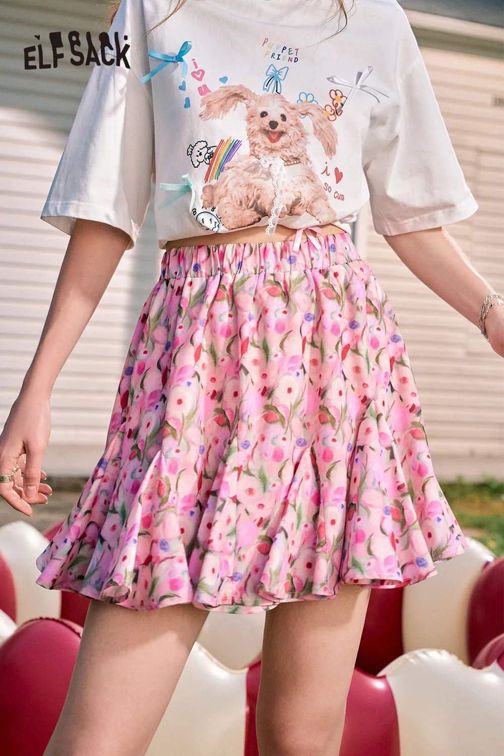ELFSACK 2024 Summer New Arrivals Oil painting flowers sweet temperament high waist A-line skirt for women