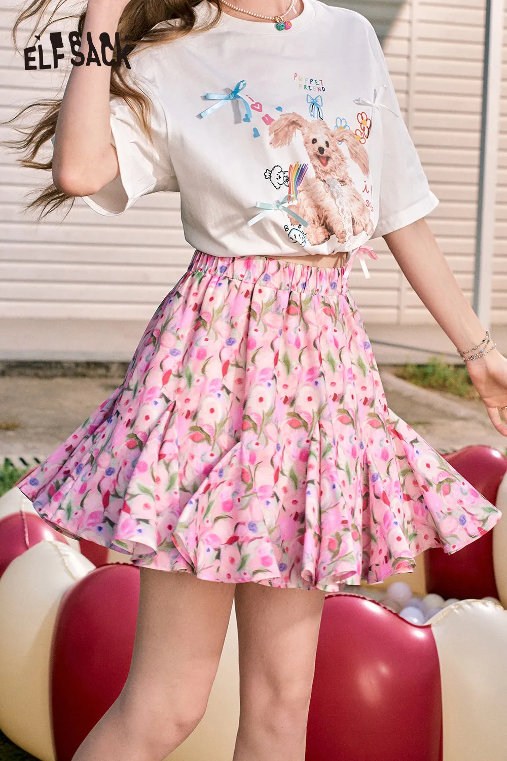 ELFSACK 2024 Summer New Arrivals Oil painting flowers sweet temperament high waist A-line skirt for women