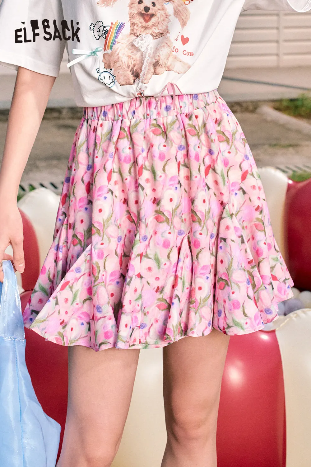 ELFSACK 2024 Summer New Arrivals Oil painting flowers sweet temperament high waist A-line skirt for women