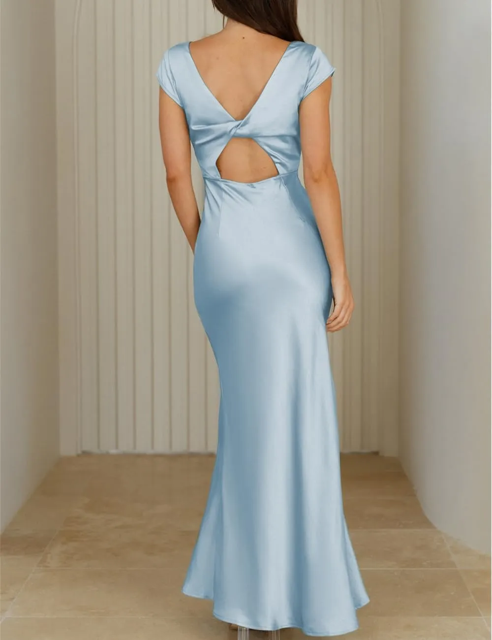 Halfisland Womens Summer Satin V Neck Cap Sleeve Backless Maxi Dress Elegant Twist Cut Out Midi Dresses Wedding Guest