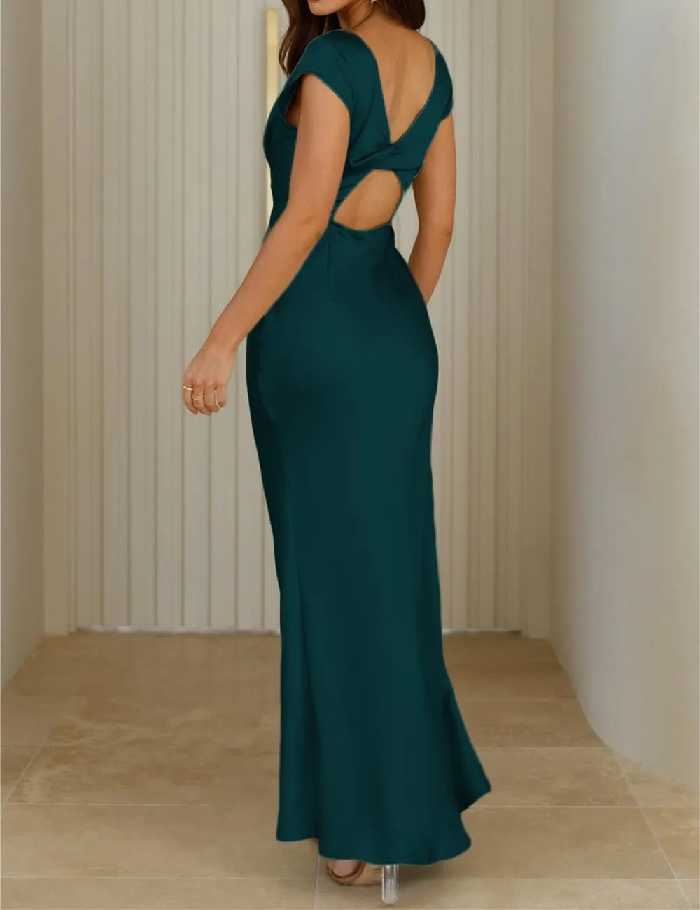 Halfisland Womens Summer Satin V Neck Cap Sleeve Backless Maxi Dress Elegant Twist Cut Out Midi Dresses Wedding Guest
