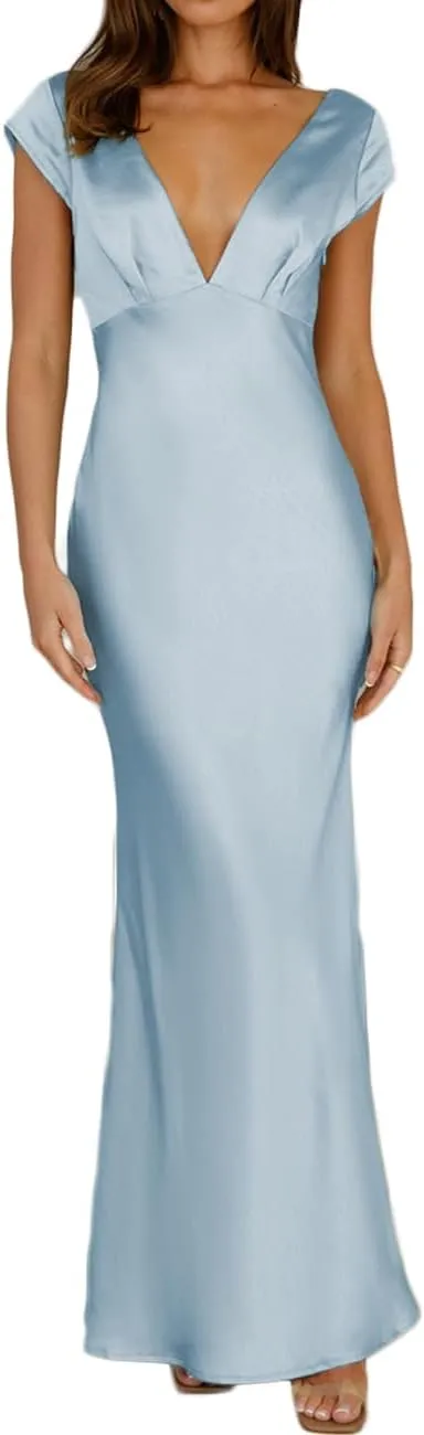 Halfisland Womens Summer Satin V Neck Cap Sleeve Backless Maxi Dress Elegant Twist Cut Out Midi Dresses Wedding Guest
