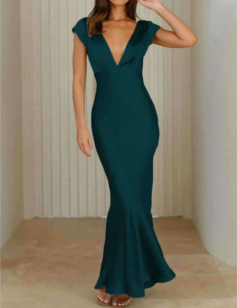 Halfisland Womens Summer Satin V Neck Cap Sleeve Backless Maxi Dress Elegant Twist Cut Out Midi Dresses Wedding Guest