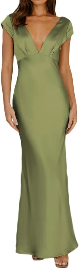 Halfisland Womens Summer Satin V Neck Cap Sleeve Backless Maxi Dress Elegant Twist Cut Out Midi Dresses Wedding Guest