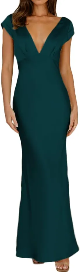 Halfisland Womens Summer Satin V Neck Cap Sleeve Backless Maxi Dress Elegant Twist Cut Out Midi Dresses Wedding Guest