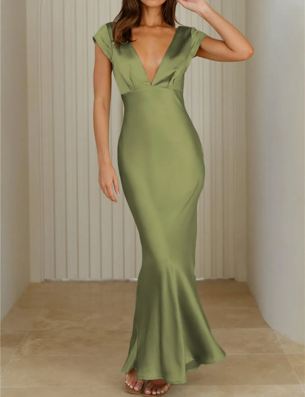 Halfisland Womens Summer Satin V Neck Cap Sleeve Backless Maxi Dress Elegant Twist Cut Out Midi Dresses Wedding Guest