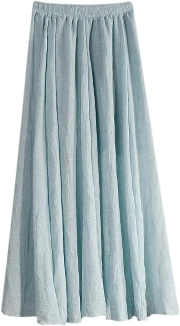 HGps8w Cotton Linen Maxi Skirt for Women - Casual Comfy Elastic Waiste Versatile Solid Color Ankle Length Skirts