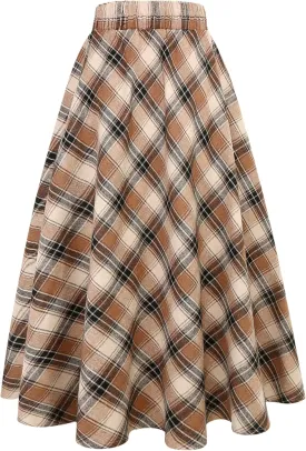 IDEALSANXUN Womens Plaid Skirt Elastic Waist A-line Midi Pleated Skirts