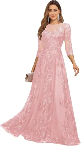 Lace Appliques Long Mother of The Bride Dresses with 3/4 Sleeve Tulle Beaded Scoop Neck Formal Gowns