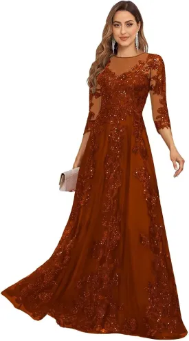 Lace Appliques Long Mother of The Bride Dresses with 3/4 Sleeve Tulle Beaded Scoop Neck Formal Gowns
