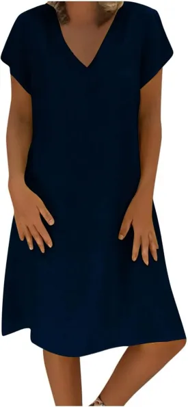 Linen Dresses for Women 2025 Short Sleeve Knee Length Midi Dresses Lightweight Summer Beach Vacation Clothes